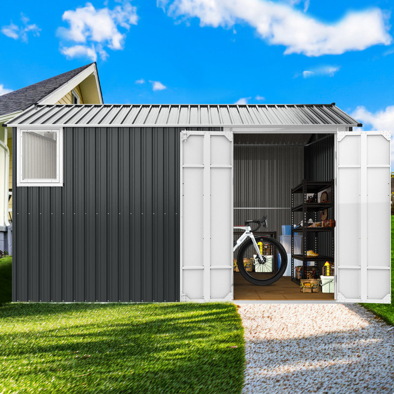 8x12 Ft Metal Shed With Stable Construction & Reinforced Wall - Dark Gray Storage Double Door