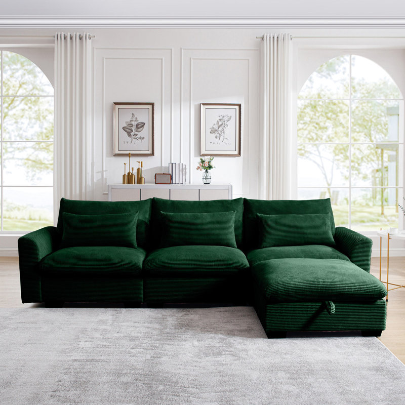 Canapé modulaire en velours côtelé avec rangement et 3 coussins pour créer un espace de détente, Vert
