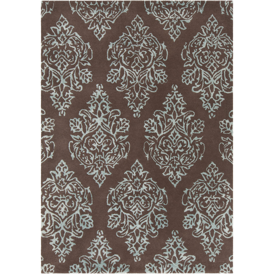 Jethro Authentic Hand-Tufted Handmade Blue Damask Design on Brown Wool Area Rug	 Charlton Home® Rug 