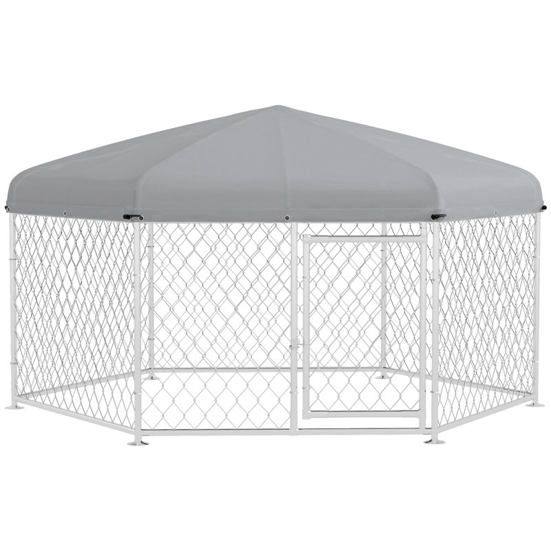 Chenil d'extérieur Dog Run - 6,9 pi x 6,1 pi 4,9 pi, toit protégé, porte verrouillable, convient aux grands chiens, argent moyen / imperméable