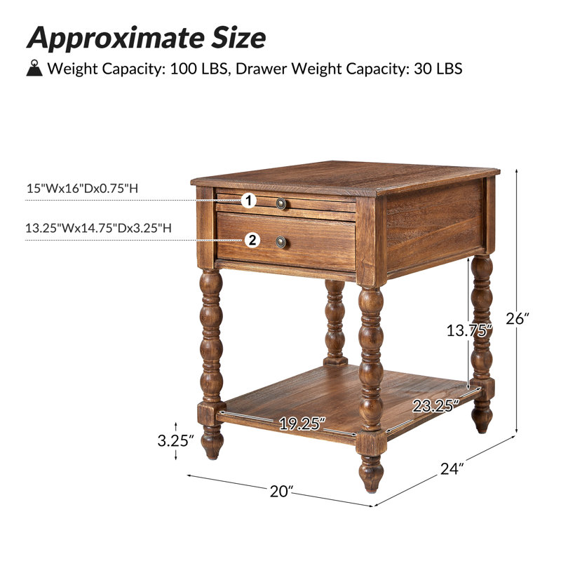 Lashena 26" Solid Wood End Table with Charging Outlets