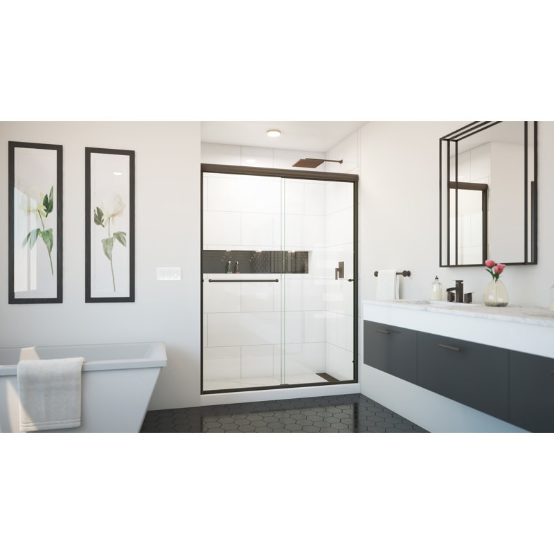 Porte de douche sans cadre Ete l 56 po x 80,38 po Ete, Vers la droite, Bronze huilé anodisé
