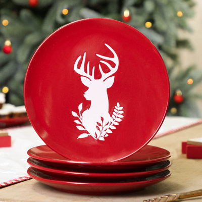 Set Of 4 Red Stag Christmas Side Plates