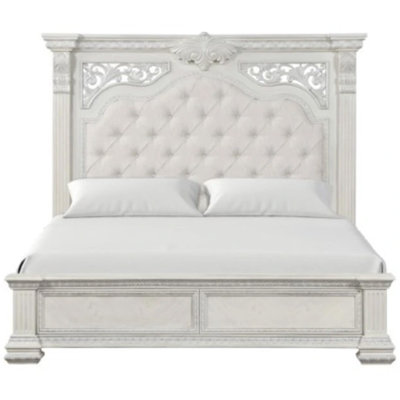 Naddy King Bed, Pleated Upholstery, Moldings On Wire Brushed White Wood