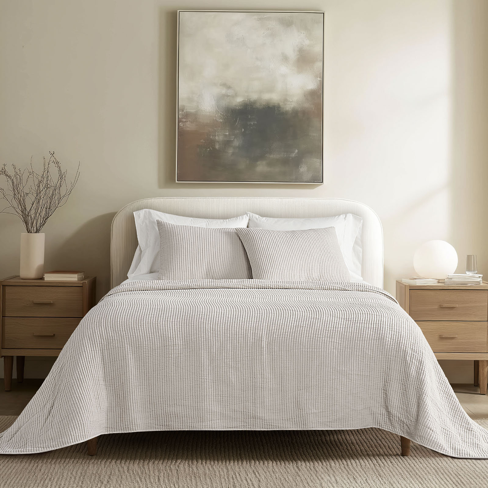 Ribbed Matelassé Cotton Coverlet Set, Queen Quilt + 2 Queen Shams, Birch
