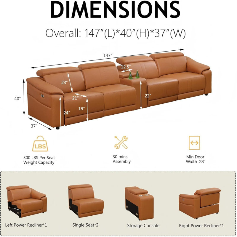 Mokkie-Canapé modulaire inclinable électrique 5 pièces avec rangement et appui-tête réglable