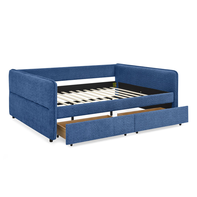 Grand lit de jour avec canapé-lit capitonné à deux tiroirs, tissu Boucle (88 po x 65,5 po x 29,5 po), Bleu