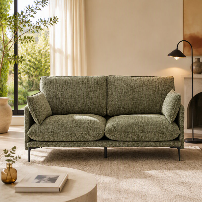 Green Fabric Sofa with 2 Pillows - Features Compressed Cushions