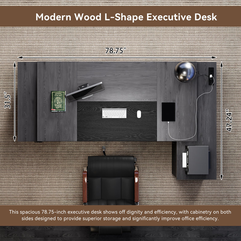 78-Inch L-Shaped Executive Desk Large Office Desk With Power Outlet, Drawer Lateral File Cabinet, Modern Computer Table With Open Shelf And Storage Cabinet For Home Office Study, Brown Black