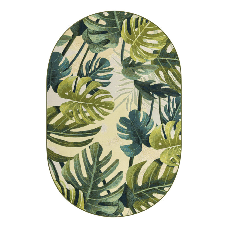 Cindina Floral Indoor / Outdoor Area Rug in Green, Oval 5'3" x 8'