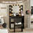 Makeup Vanity Desk with 10 Hollywood Lights, Fluted Dressing Table with Charging Station, 2 Drawers & 4 Open Shelves, Hair Dryer Holder, Padded Storage Stool, Black