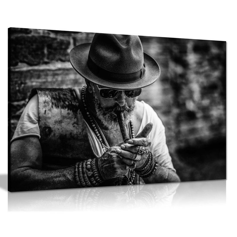 Bearded Old Man Smoking Cigar - Wrapped Canvas Print, 20cm H x 31cm W