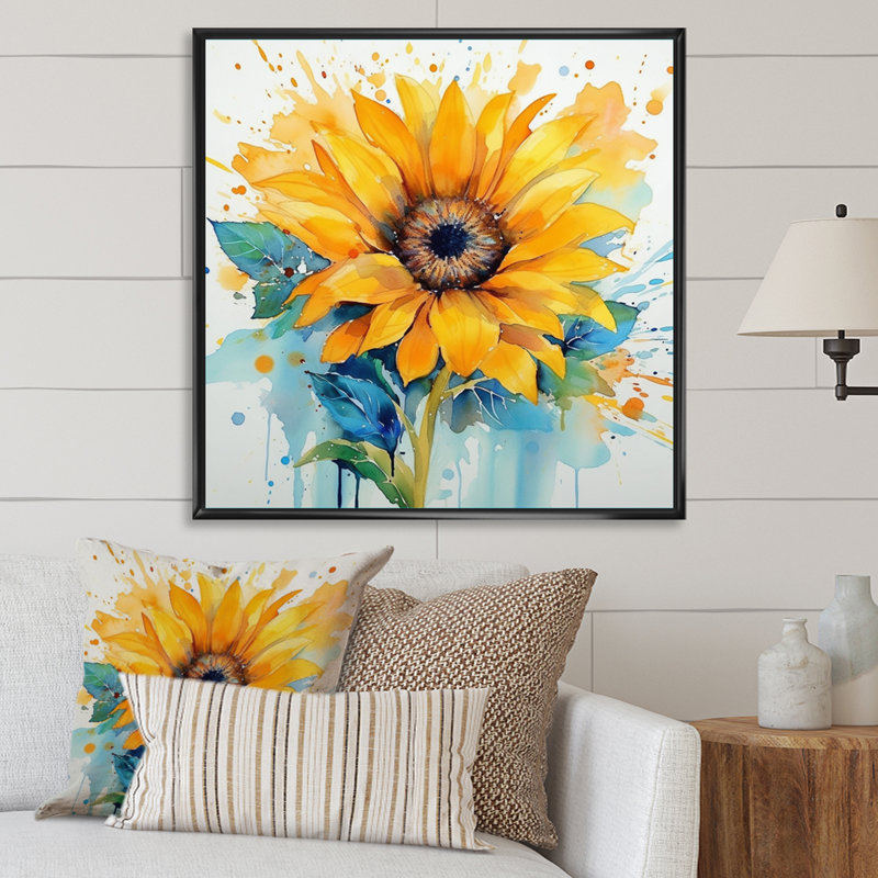Jaune, bleu, doré, tournesols III, H 24 po x l 24 po x P 1 po, Cadre flottant noir