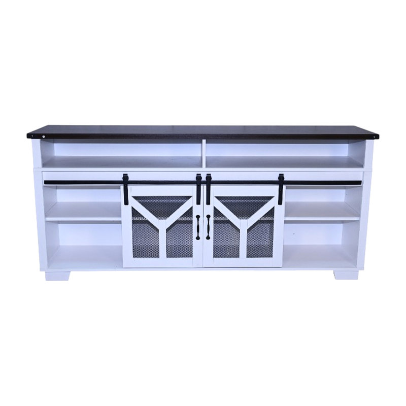 65.3" Tv Stand With Led , Iron Mesh Barn Door And Y - Style Decoration, White + Black Walnut Finish, Aesthetic, Suitable For 65 Inch Tvs, Ample Shelving Media Decoration Piece, Color, American