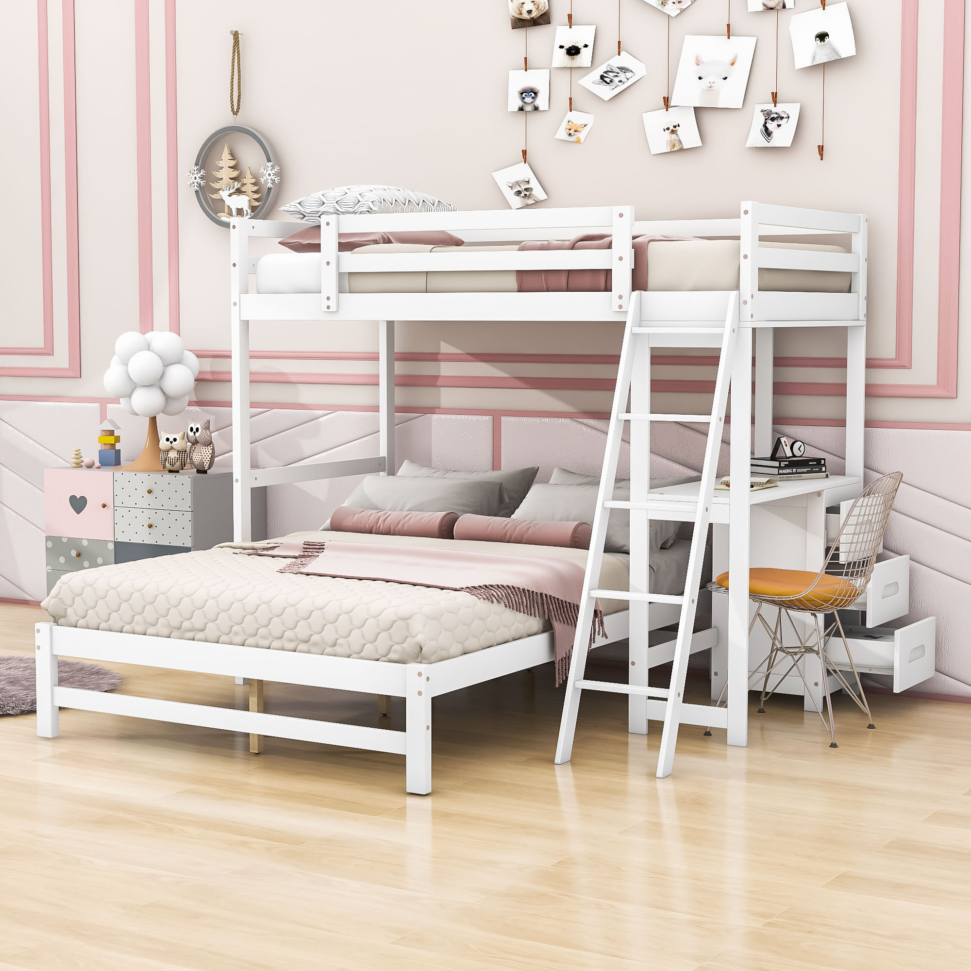 Harriet Bee Wooden Bunk Bed With Built-In Desk And Drawers