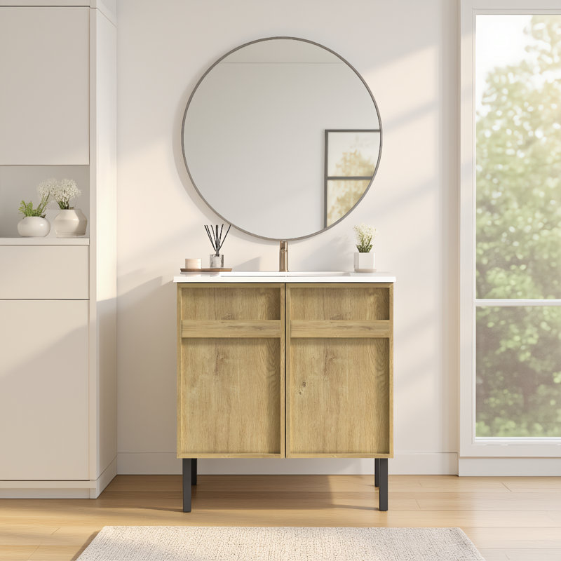 Meuble-lavabo 30 po avec lavabo en céramique, panneau rainuré 3D et rangement à fermeture en douceur