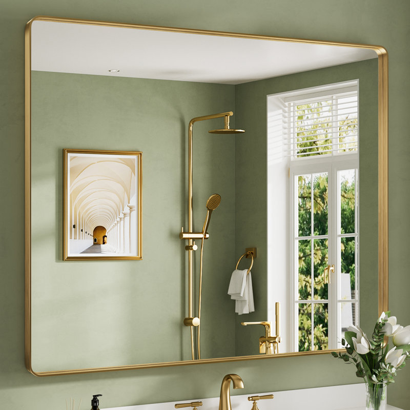 Miroir de salle de bain mural Llesenia, 48 po x 40 po, Or brossé, Rectangulaire