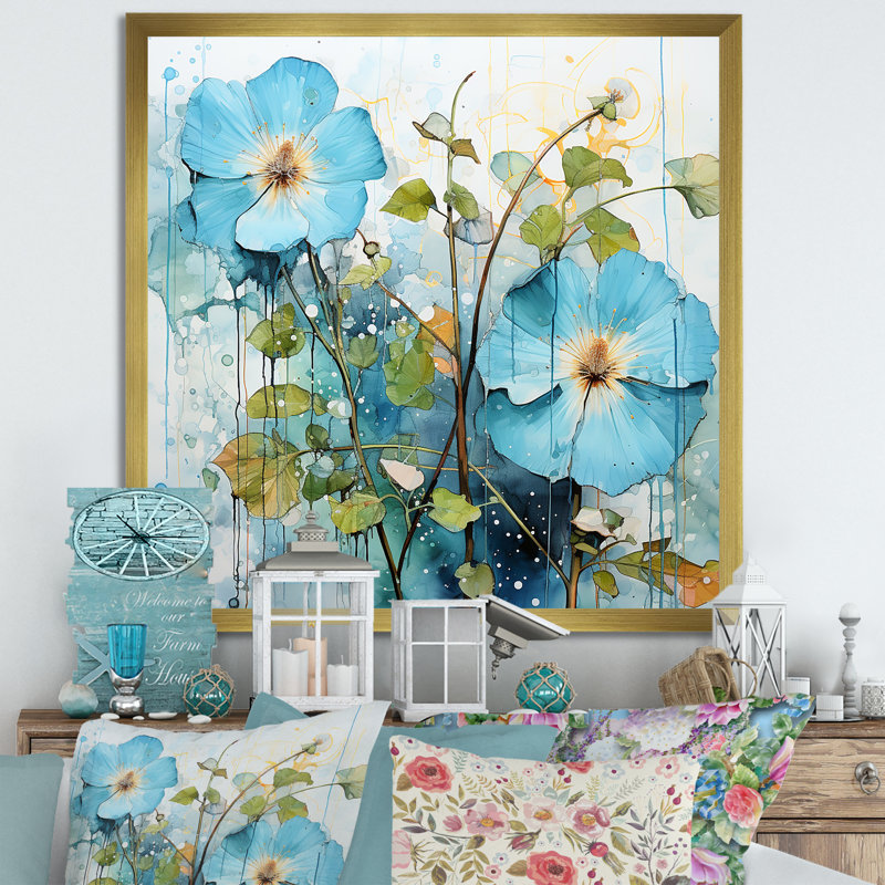 «Blue Morning Glory Spring Awakening II - Morning Glory», art mural, Cadre doré simple, H 16 po x l 16 po x P 1 po