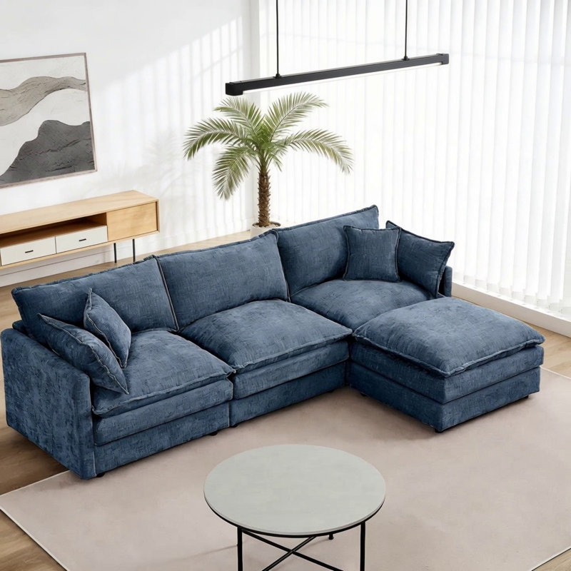 3-Seater Comfy Cloud Couches With Movable Ottoman, Blue