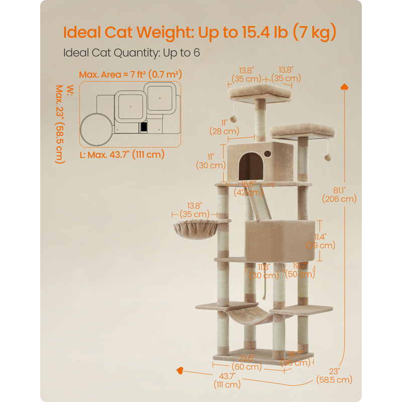 206cm H Cat Tree, 206cm H X 50cm W X 60cm D, Camel Brown