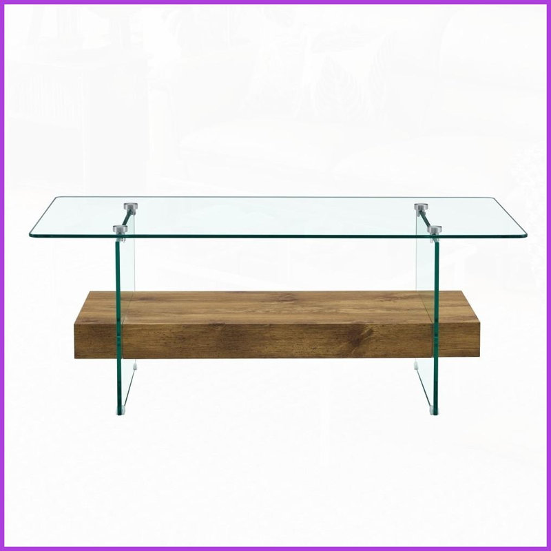Table basse moderne 43,3 pouces à deux niveaux - verre transparent et amp; Bois clair, stable et amp; Bien rangé pour le salon