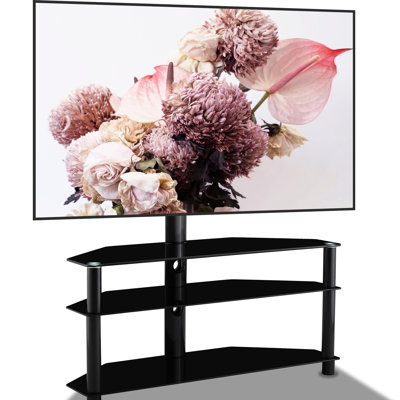 Multi Black Tv Stand, 35.4 Inch, Height Adjustable, 3 Swivel, Fits 32-65 Inch Tvs, 0.3"/0.2"/0.2" Tempered Glass Adjustable Height, Swivel 3, Easy To Maintain