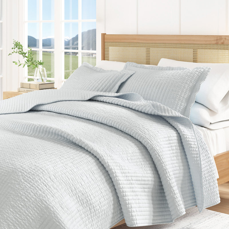 Modern & Contemporary Stripe Stitched Quilt Set with Shams, Full / Queen Quilt + 2 Standard Shams, Baby Blue