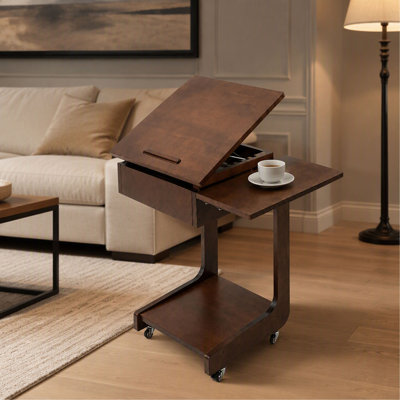 C-Shaped End Table – Rolling – 360° Adjustable Foldable Desktop – Laptop Stand – Walnut – Solid Wood