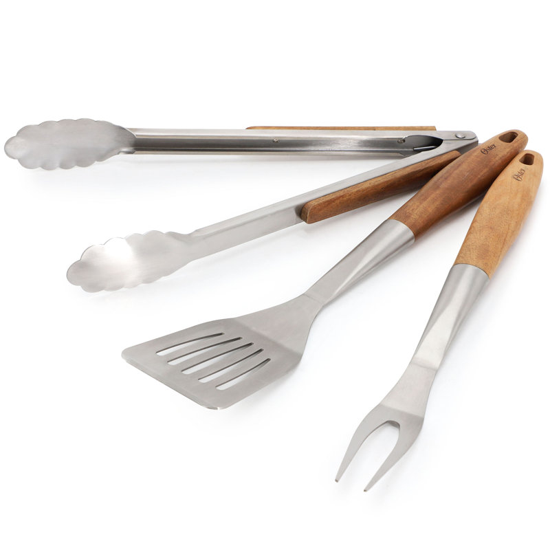 Oster Balincourt 3 Piece Stainless Steel and Wood BBQ Tool Set in Brown