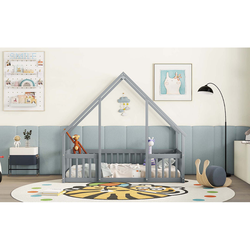 Wood House-Shaped Floor Bed with Fence,Guardrails
