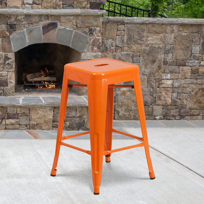 Nieva Commercial Grade Backless Indoor-Outdoor Stool with Square Seat, Red Orange, Counter Stool (24” Seat Height), 4