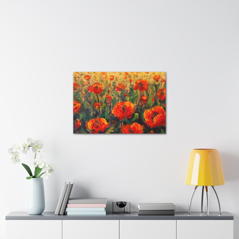 Art sur toile rouge avec coquelicots rouges, H 24 po x l 30 po