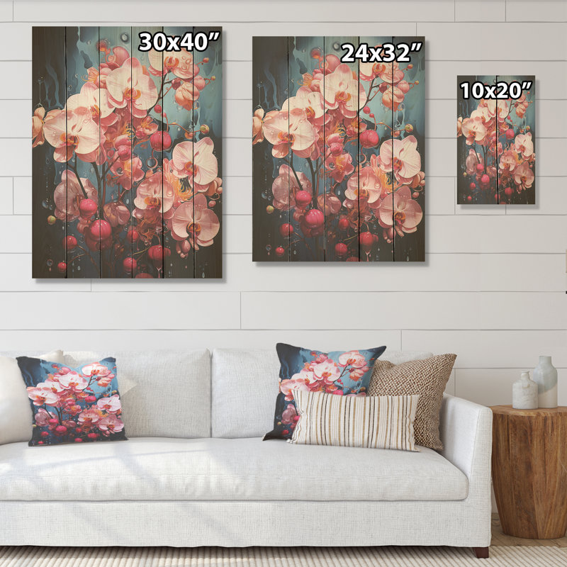 Orchidées roses, orchidées roses, fusion néon - art sur bois de pin naturel, H 32 po x l 24 po