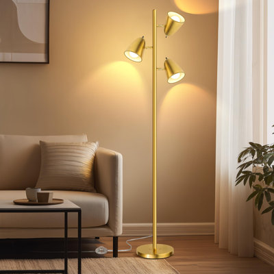 Lampe sur pied d'arbre avec 3 ampoules, lampes sur pied pour le bureau de la chambre à coucher, lampes de lecture debout avec 3 bras réglables, or brossé