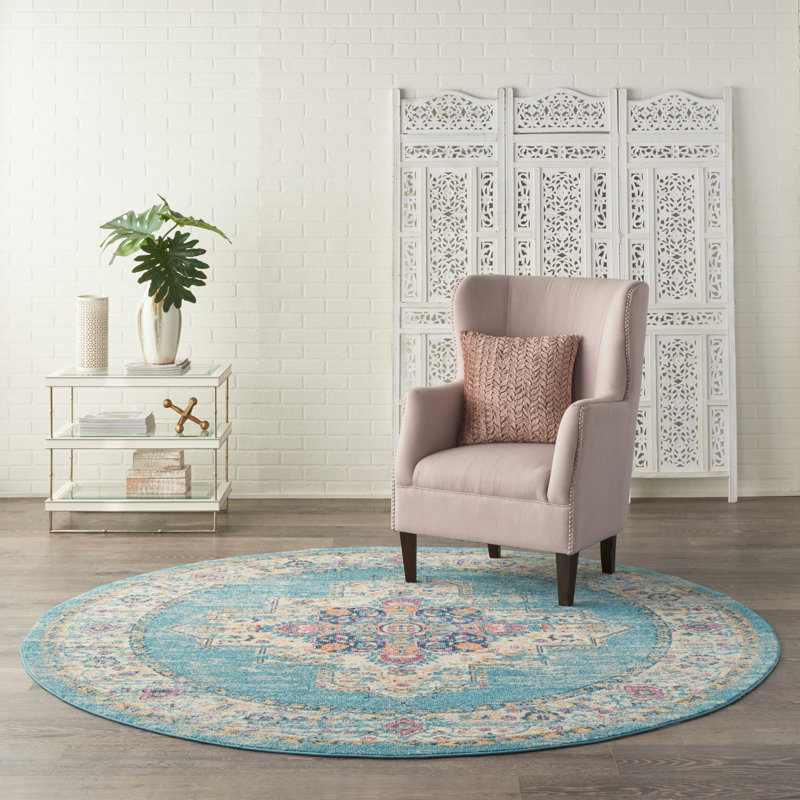 Tapis oriental bleu clair / ivoire Abbate, Rond 8 pi