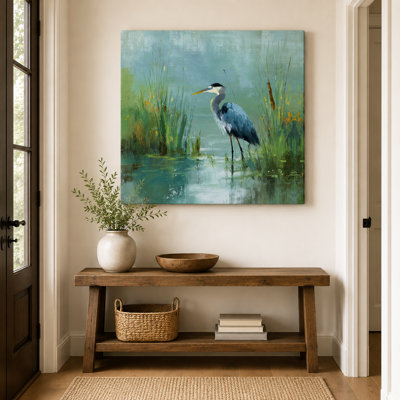 «Golden Marsh Heron», art mural sur toile tendue | Bureau de chambre à coucher avec imprimé nature côtière pour salon