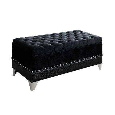 Black Trunk With Foam Padding And Decorative Nailhead Trim - Soft Touch Upholstered Top Elegant Ornaments Fashionable Piece