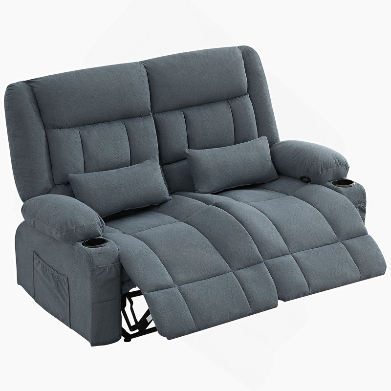 Recliner Loveseat With Cup Holders And Side Pocket For Living Room, Blue
