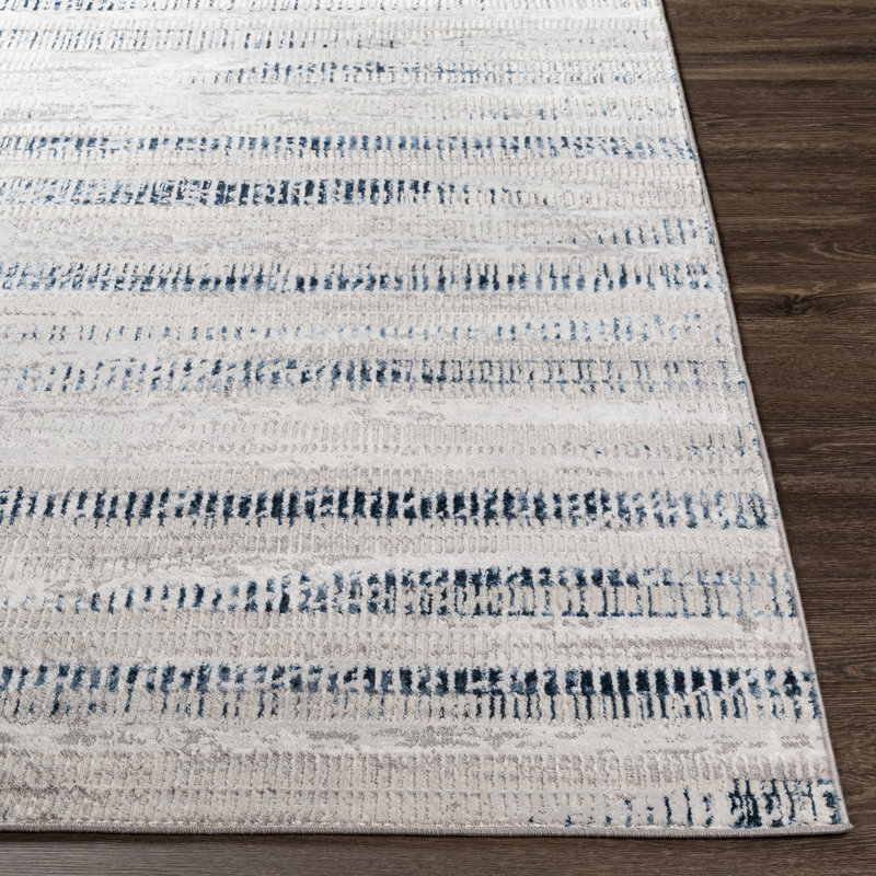 Addilyn Machine Woven Striped Dark Blue/Beige Area Rug, Rectangle 5'2" x 7'