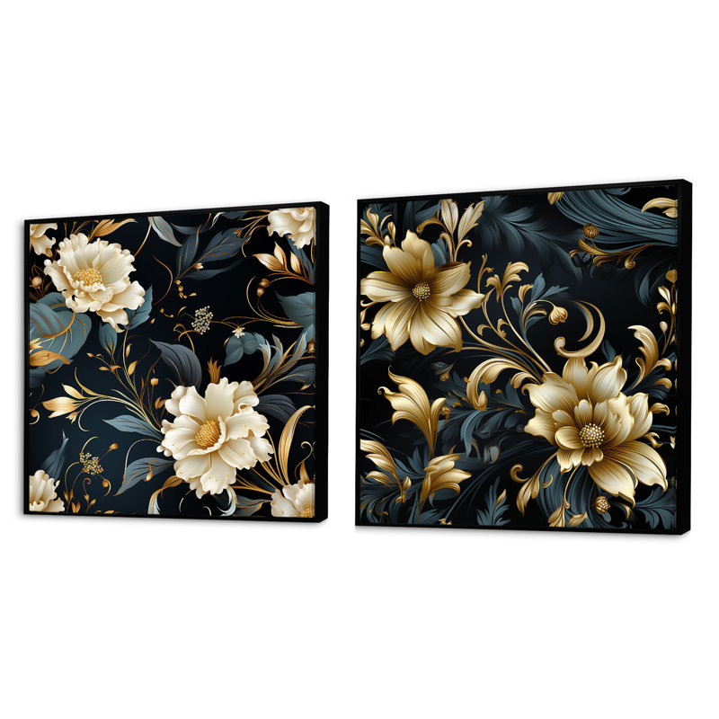Simoneau - Ensemble de 2 collages carrés botaniques abstraits, Cadre flottant noir, H 16 po x l 33 po
