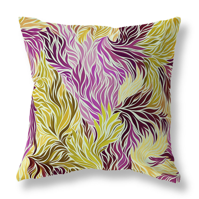 Oreiller réversible à motif floral intérieur / extérieur Leafy Whirl, H 26 po x l 26 po, Jaune / floral mauve