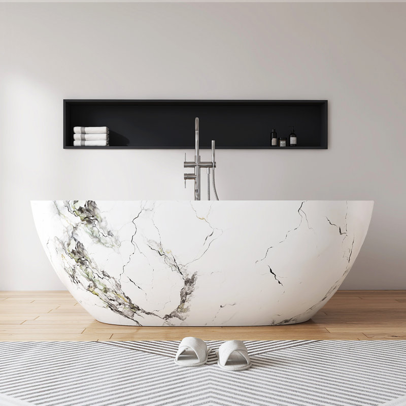 63" x 30" Freestanding Soild Surface Bathtub With Marble Pattern Hydrographics Technology tub