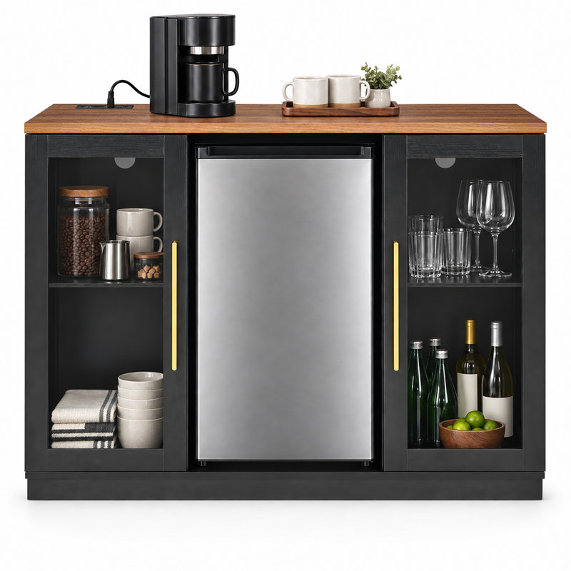Meuble-bar à café de 53 pouces avec espace pour mini-réfrigérateur, prise électrique et 2 portes vitrées