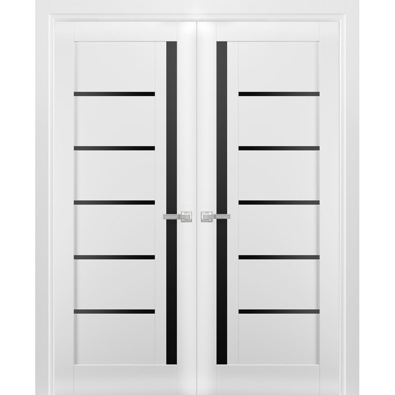 Portes doubles françaises massives Quadro 4588 Blanc Soie avec vitrage noir, cadre en bois massif, portes robustes pour chambre ou garde-robe, 122 x 244 cm (2 x 61 x 244 cm), vitrage noir