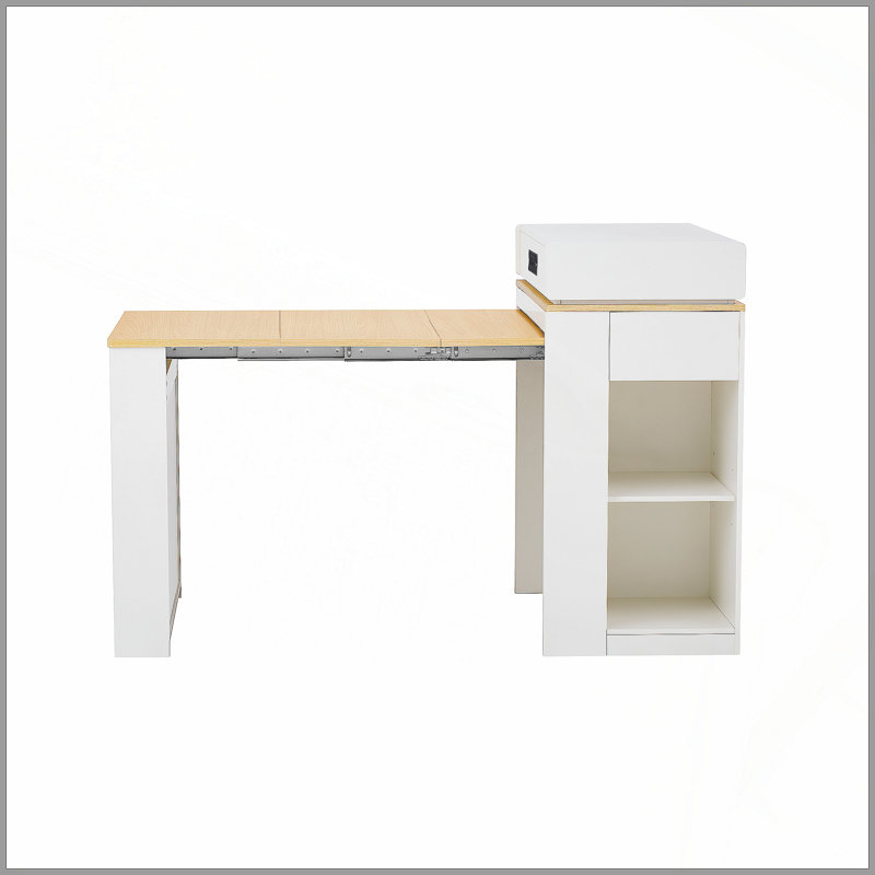 Table de salle à manger extensible avec plateau de table pliable, table de bar avec tiroirs et prise de courant, îlot de cuisine avec roulettes et crochets, buffet pour la cuisine et la salle à manger (blanc crème + naturel)
