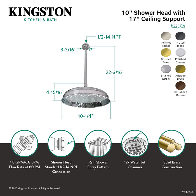 Kingston Brass Shower Scape 10-Inch Round Raindrop Brass Shower Head with 17-Inch Ceiling Mounted Shower Arm, Brushed Nickel