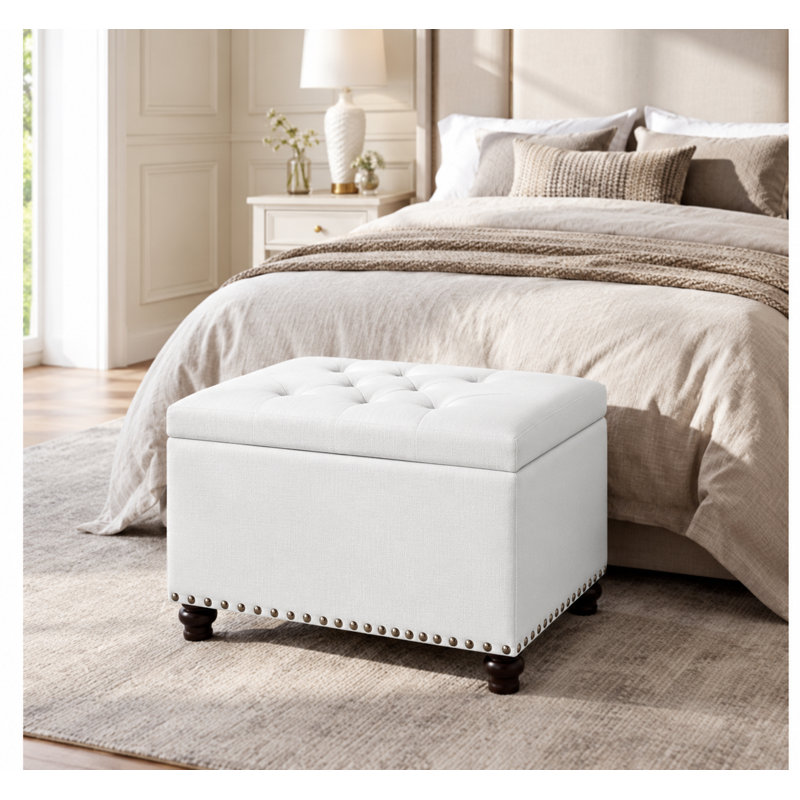 Repose-pieds de rangement en tissu 24 po avec repose-pieds rectangulaire pour le salon, Blanc