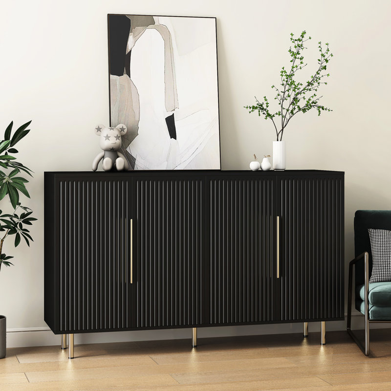 Buffet noir - Conception cannelée pour rangement moderne avec tablettes réglables