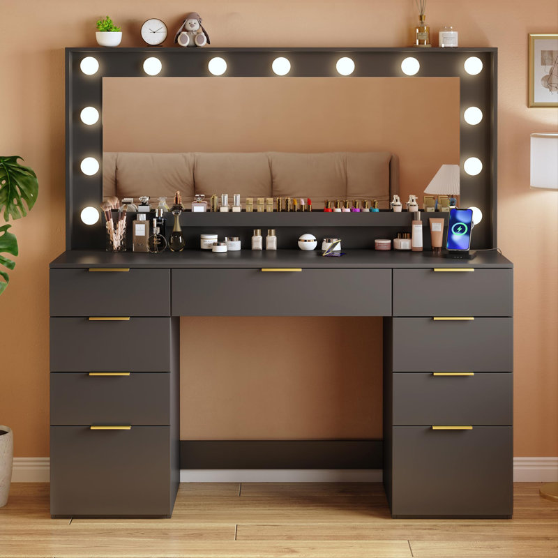 9-Drawer Manufactured Wood Vanity with LED Mirror , Black