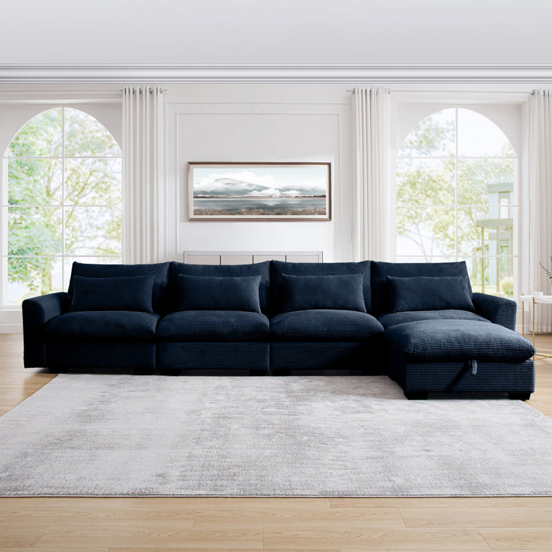Large L Shape Sectional Corduroy Sofa,deep Seat Couch With Storage Footstool And 4 Waist Pillows, Navy Corduroy